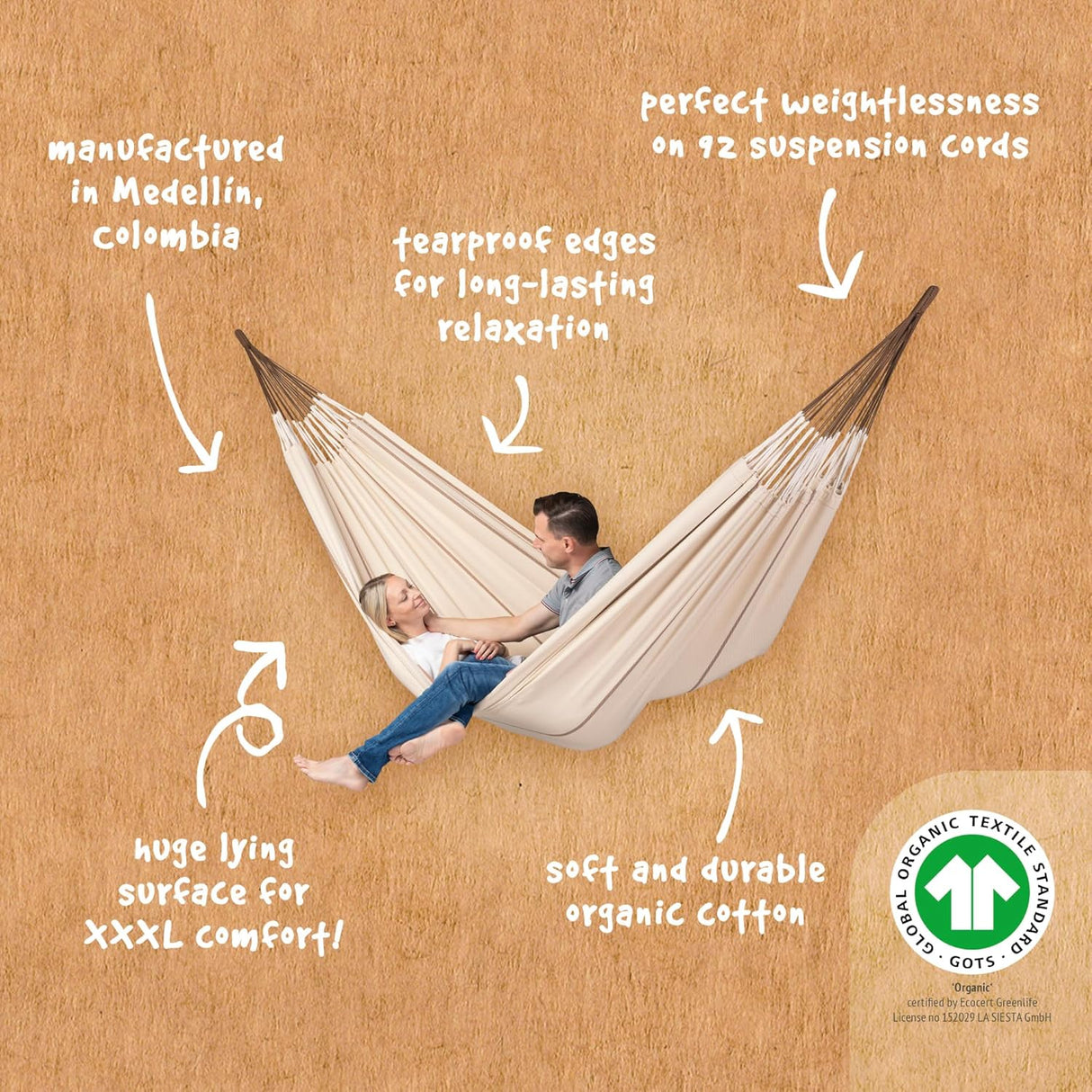 Hamaca Modesta de Algodón Orgánico LA SIESTA, 2 Personas, 440 Lbs