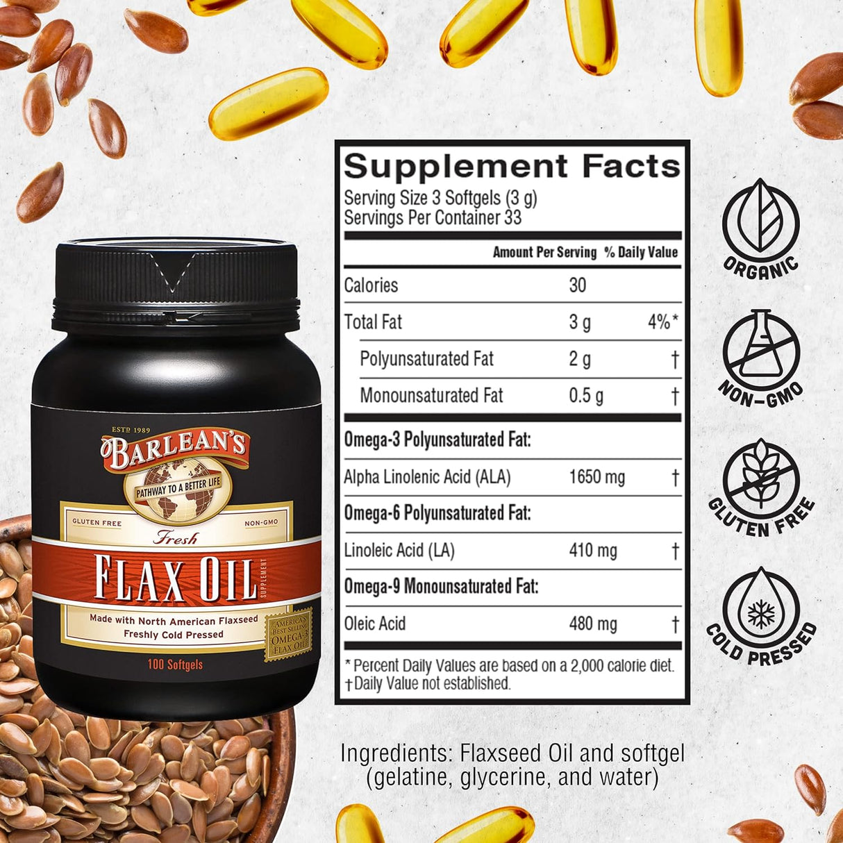 Suplemento de Aceite de Linaza, Barlean's, 1000mg, 100 ct