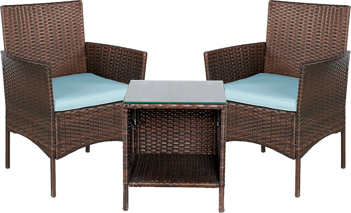 BTEXPERT Juego de 3 piezas de mimbre para exteriores, ahorro de espacio, para jardín, patio, porche, muebles de ratán PE, dos sillas, cojines, mesa de almacenamiento lateral marrón/azul aguamarina