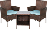 BTEXPERT Juego de 3 piezas de mimbre para exteriores, ahorro de espacio, para jardín, patio, porche, muebles de ratán PE, dos sillas, cojines, mesa de almacenamiento lateral marrón/azul aguamarina