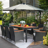 Flamaker Juego de comedor de 9 piezas para patio, mesa y sillas de madera de acacia al aire libre con cojines suaves, muebles de patio de mimbre para terraza, patio trasero, jardín