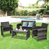 Goplus Juego de muebles de ratán de 4 piezas, sofá de conversación de mimbre para exteriores con cojines resistentes a la intemperie y mesa de vidrio templado para césped, patio, piscina, jardín (negro)