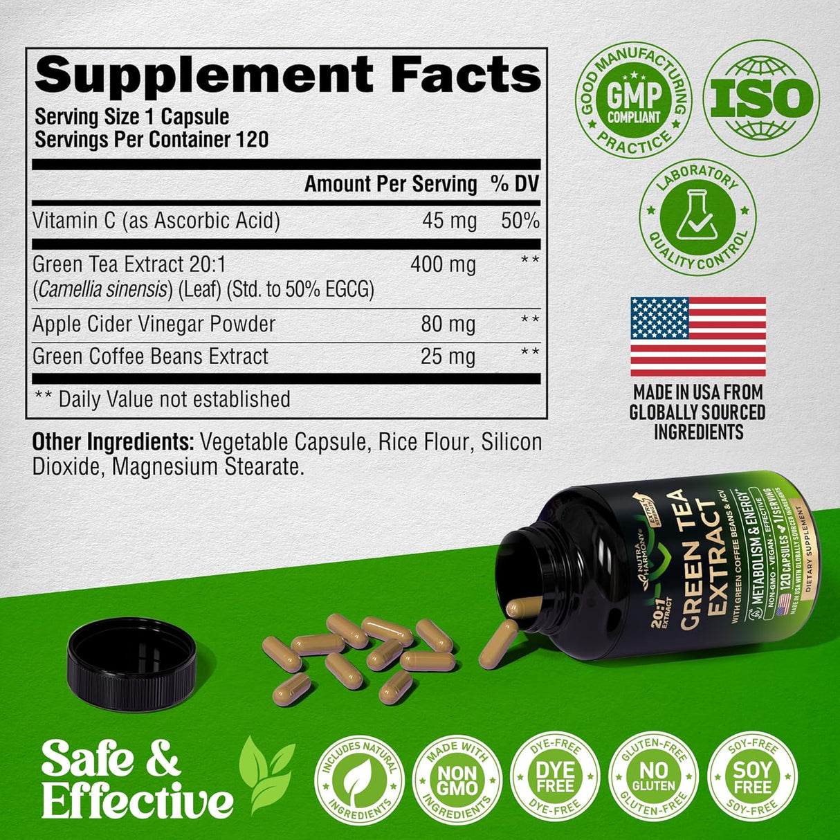Suplemento de Té Verde con Café Verde y Vinagre de Manzana, 120 cápsulas