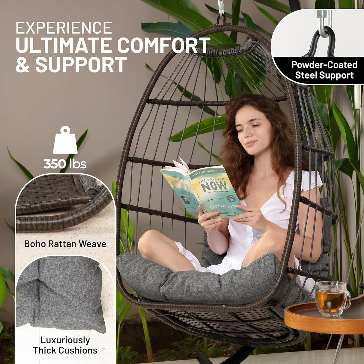 Silla colgante SereneLife, soporte acero, cojín, reposacabezas