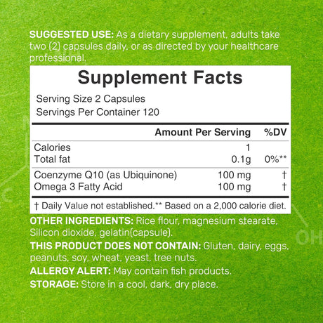 Suplemento CoQ10 100mg, Omega 3, Antioxidante, 240 cápsulas
