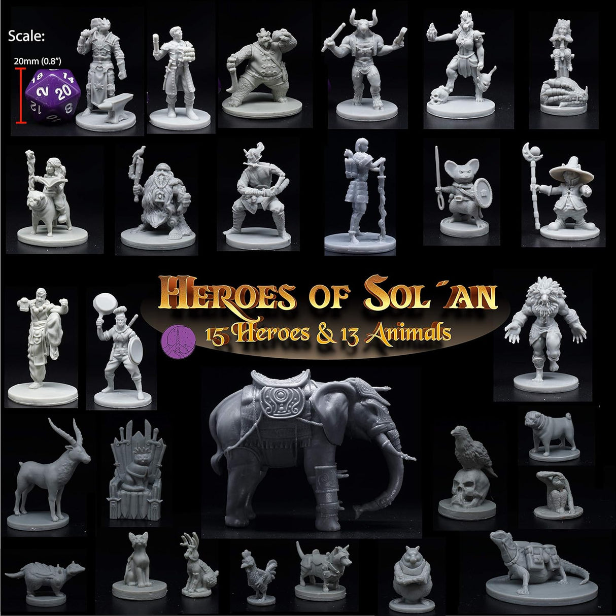 Miniaturas de Héroes y Compañeros Animales para D&D 28-32mm