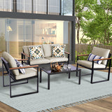 NATURAL EXPRESSIONS Juego de muebles de patio de 4 piezas, muebles de metal para exteriores, muebles seccionales al aire libre, juego de conversación de patio con pasamanos de madera, malla de cabestrillo, cojines de olefina de textura gruesa