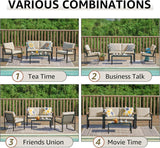NATURAL EXPRESSIONS Juego de muebles de patio de 4 piezas, muebles de metal para exteriores, muebles seccionales al aire libre, juego de conversación de patio con pasamanos de madera, malla de cabestrillo, cojines de olefina de textura gruesa