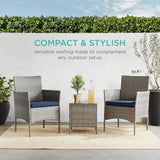 Best Choice Products Juego de 3 piezas de mimbre para exteriores, muebles de patio que ahorran espacio para patio, jardín con 2 sillas, 2 cojines, mesa de almacenamiento lateral, gris/azul marino