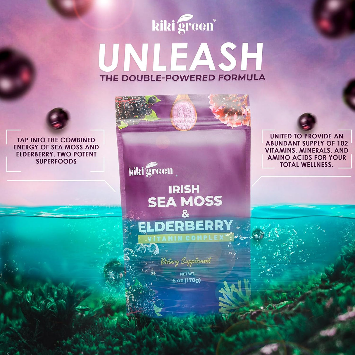 KIKI Green Sea Moss Powder con Elderberry - Suplemento Vegano 6 oz