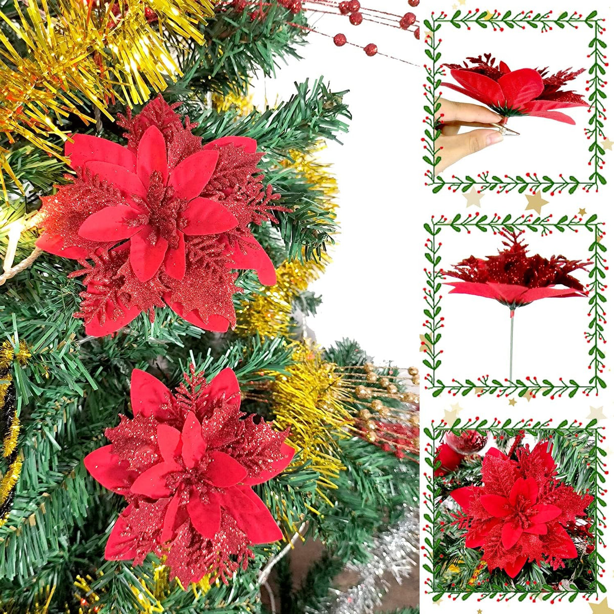 Flores Poinsettia Artificiales con Clips y Tallos, 15 Pcs