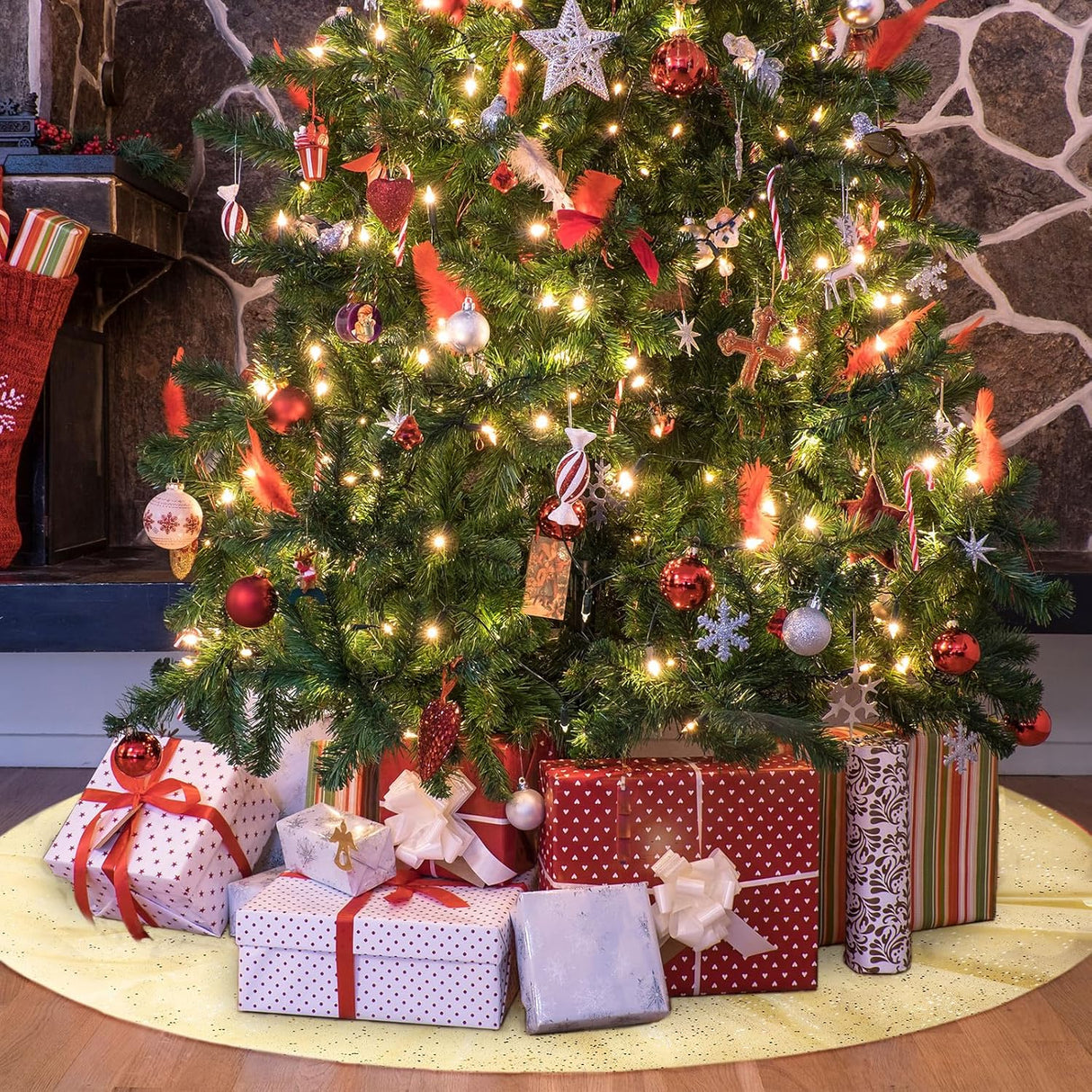 Falda para Árbol de Navidad, doble capa, 48 pulgadas, brillos