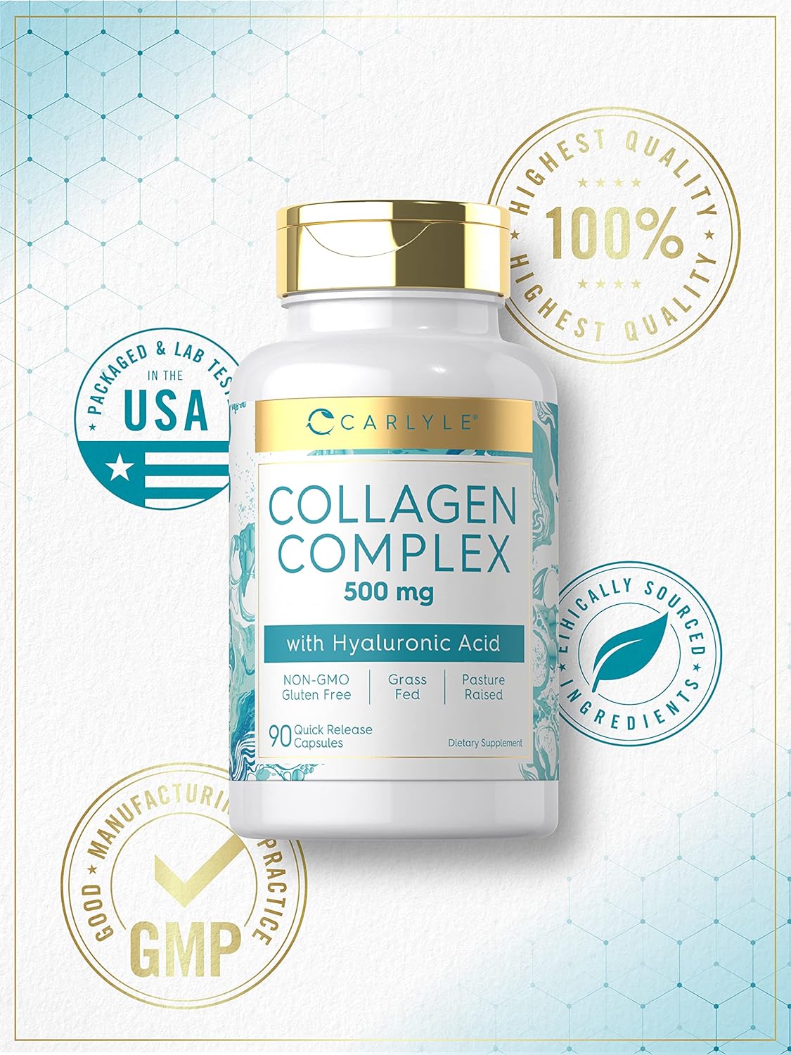 Suplemento de colágeno con ácido hialurónico 500 mg  90 cáp