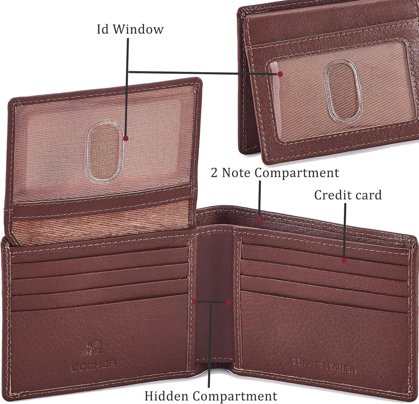 Billetera Cochoa para Hombre, Cuero Real, RFID, Bifold, 2 ID