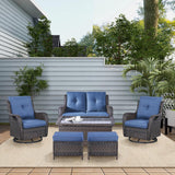 Belord Juego de muebles de mimbre para exteriores, juego de muebles de patio de 6 piezas con sillas mecedoras giratorias, sofá biplaza, otomanas y mesa auxiliar, cojín azul