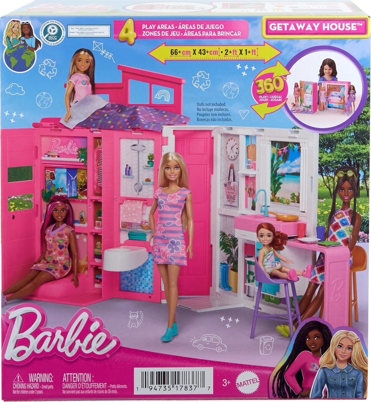 Casa de muñecas Barbie, con 11 accesorios, áreas de juego y 360°