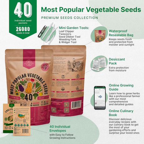 Pack de 40 Semillas de Verduras - No GMO, Heirloom, Variedad