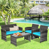 Goplus Juego de muebles de ratán de 4 piezas, sofá de conversación de mimbre para exteriores con cojines resistentes a la intemperie y mesa de vidrio templado para césped, patio, piscina, jardín (turquesa)