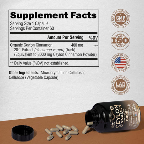 Cápsulas de Canela de Ceilán 8000 mg, Extra Fuerza, 60 Unidades