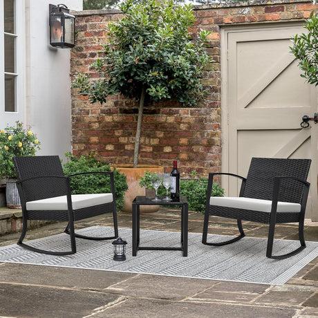 Greesum Juego de muebles de exterior de 3 piezas para patio, bistró, mecedoras con mesa de centro de cristal para piscina, playa, patio, balcón, porche, terraza, jardín, gris
