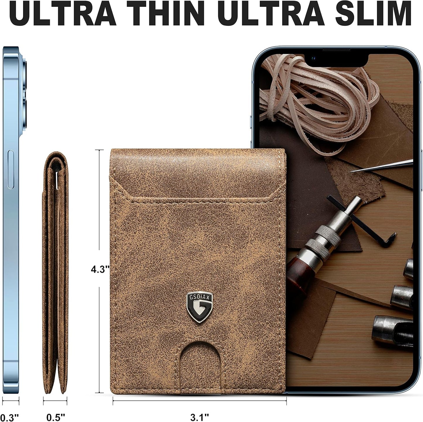 Billetera Slim GSOIAX Hombre RFID Cuero Minimalista Bifold