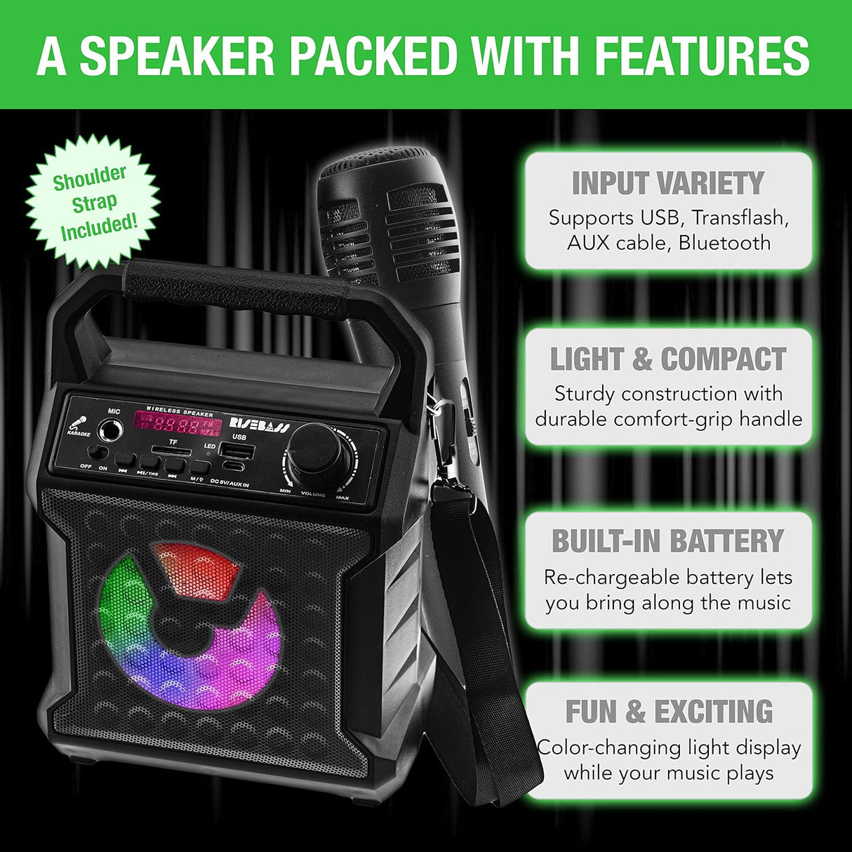 Altavoz Bluetooth Risebass con micrófono y luces de fiesta