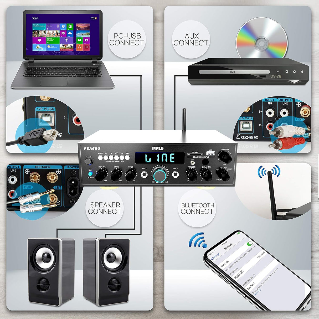 Amplificador de potencia inalámbrico PYLE-HOME PDA6BU.6