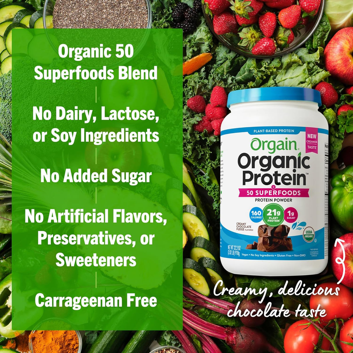 Proteína Vegana Orgain 21g, 10g Fibra, 2.02 lb, Sin Gluten