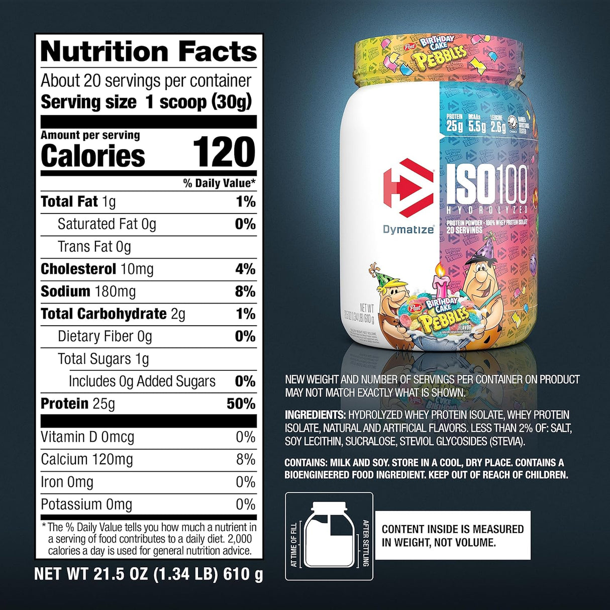 Proteína Dymatize ISO 100, 25g Aislado Hidrolizado, Birthday Cake