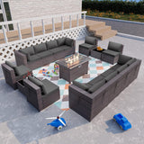 ALAULM Juego de 15 muebles de patio para exteriores con mesa para fogata de propano, juegos de sofás seccionales para exteriores, muebles de patio, fogata de gas de 43 pulgadas, juego de conversación de ratán de polietileno marrón con 12 cojines (gris)