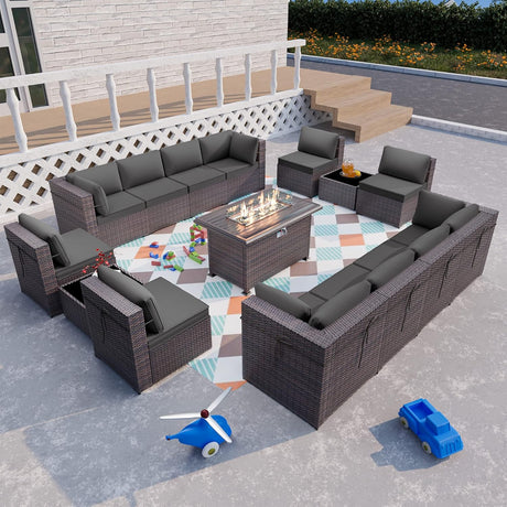 ALAULM Juego de 15 muebles de patio para exteriores con mesa para fogata de propano, juegos de sofás seccionales para exteriores, muebles de patio, fogata de gas de 43 pulgadas, juego de conversación de ratán de polietileno marrón con 12 cojines (gris)