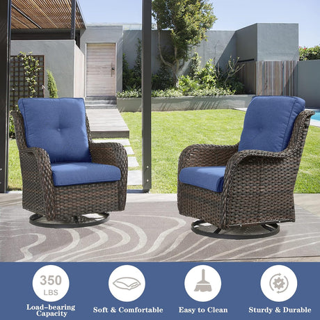 Belord Juego de muebles de mimbre para exteriores, juego de muebles de patio de 6 piezas con sillas mecedoras giratorias, sofá biplaza, otomanas y mesa auxiliar, cojín azul