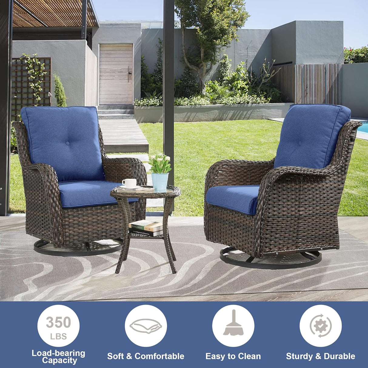 Belord Sofá seccional de muebles de exterior, sofá en forma de L, juego de mimbre para patio con 2 sillas deslizantes giratorias, juegos de conversación de ratán de 10 piezas con cojín azul para terraza, patio trasero, terraza y terraza