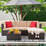 Shintenchi Juego de muebles de patio de 5 piezas para exteriores para todo tipo de clima, juego de sofá seccional de ratán de polietileno con mesa de cristal, cojín otomano y almohadas rojas