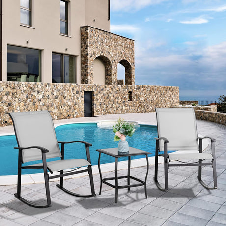 Vongrasig Juego de 3 piezas de muebles de patio pequeños de tela textileno, juego de muebles de patio pequeños, juego de conversación con mesa de vidrio para césped, jardín, balcón, piscina (gris claro)