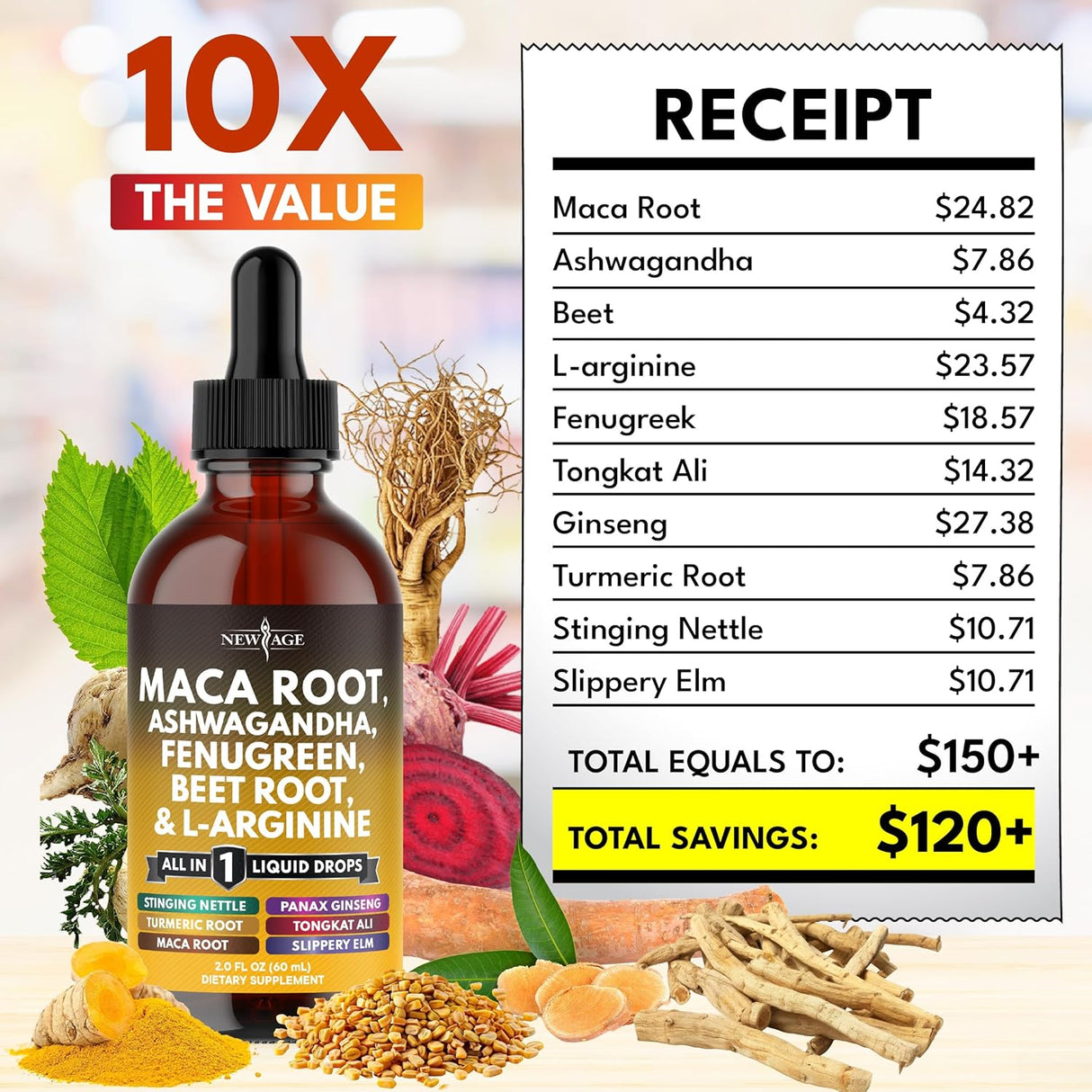 Suplemento líquido de maca, ashwagandha, ortiga y más, 2oz