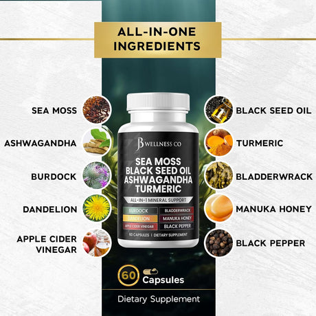 Suplemento de Sea Moss y Aceite de Semilla Negra con Ashwagandha, Miel, ACV y más - 120 cápsulas
