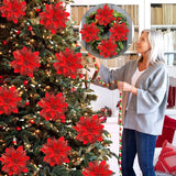 Flores Poinsettia Artificiales con Clips y Tallos, 15 Pcs