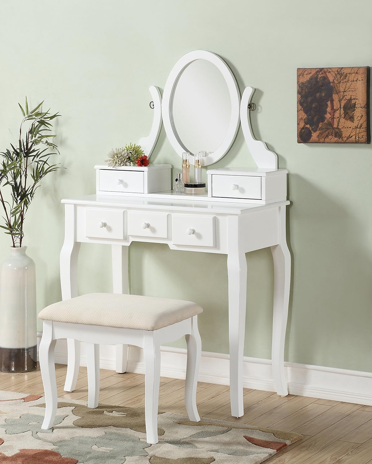 Vanidad Ashley de Roundhill Furniture con taburete y espejo