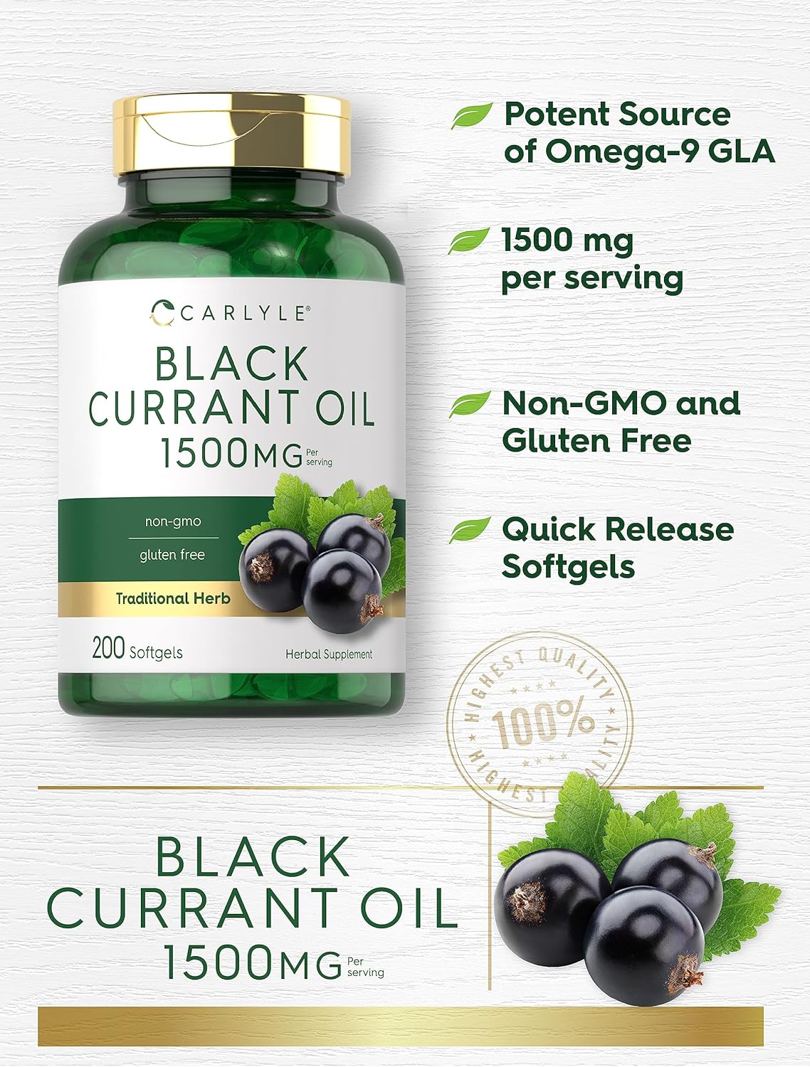Suplemento de Aceite de Grosella Negra 1500mg | Carlyle 200 Cápsulas