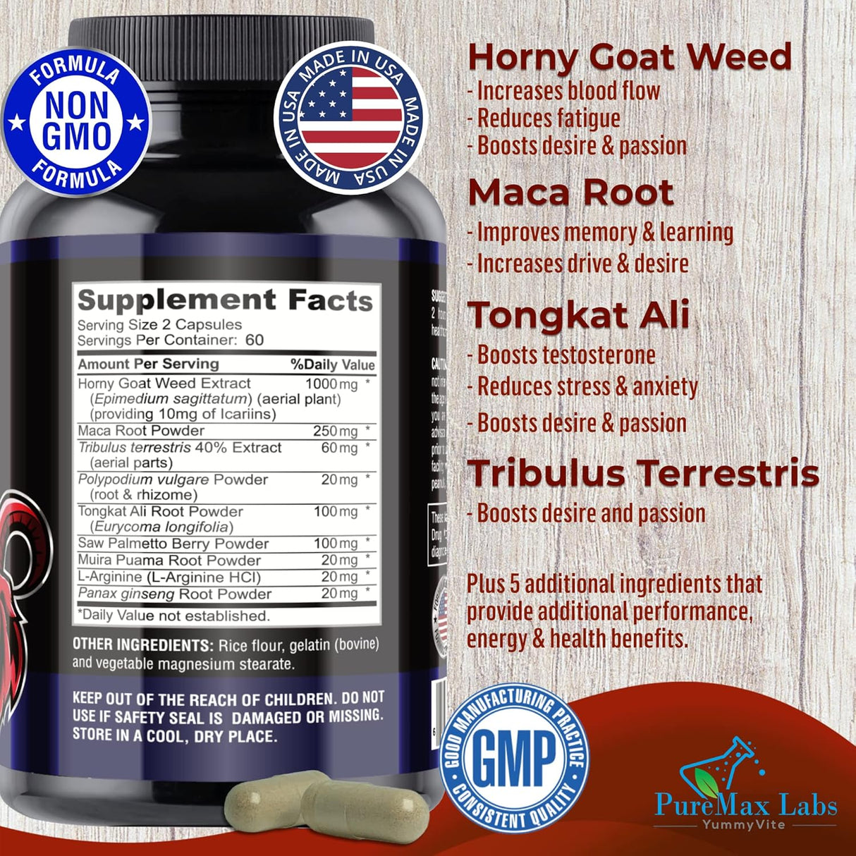 Suplemento Horny Goat Weed con maca, L-arginina 120 cápsulas