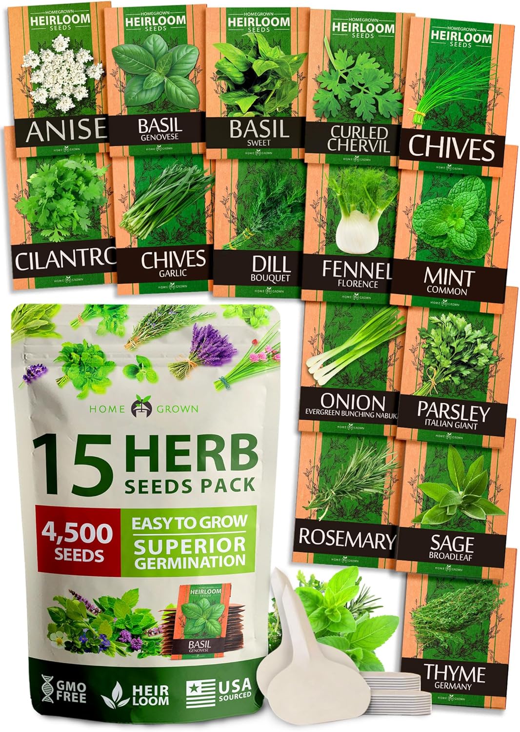 Semillas de Hierbas Culinarias HOME GROWN - No GMO, 15 Variedades