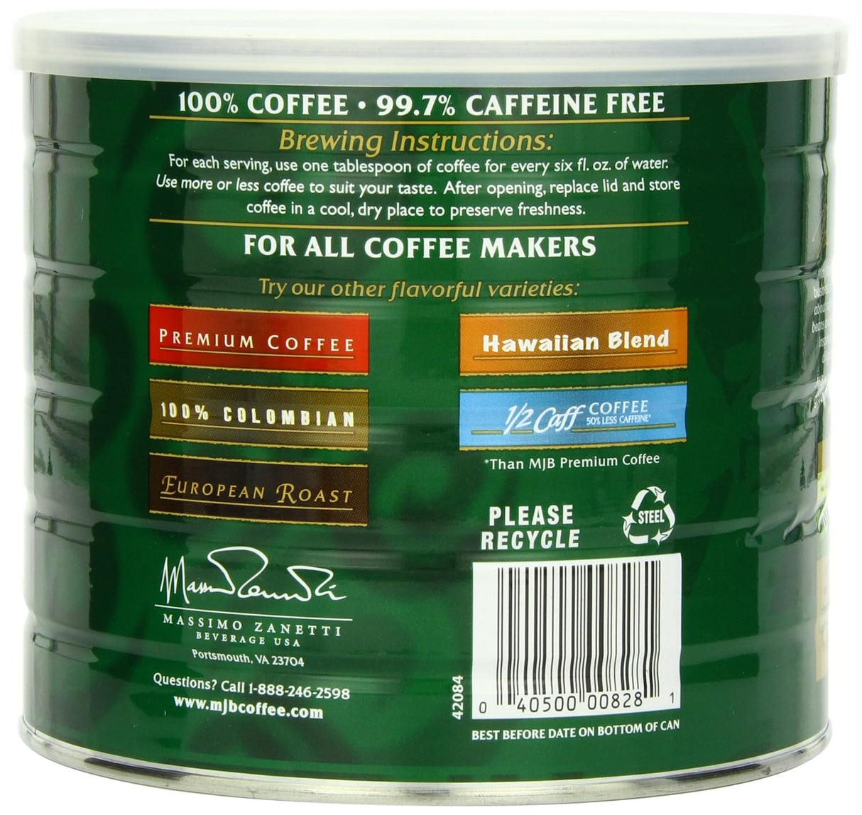 Café MJB, Café Decaf Premium Molido, Tostado Medio, 24 Oz
