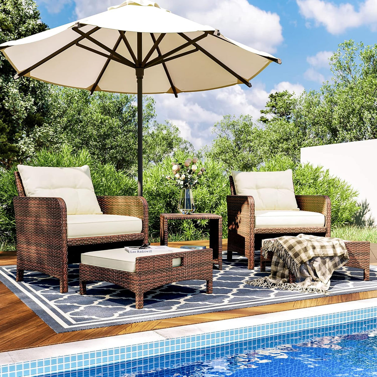 Pamapic Juego de 5 muebles de mimbre para patio, sillas de patio al aire libre con otomanas, muebles de conversación con coffetable para jardín y balcón (beige)