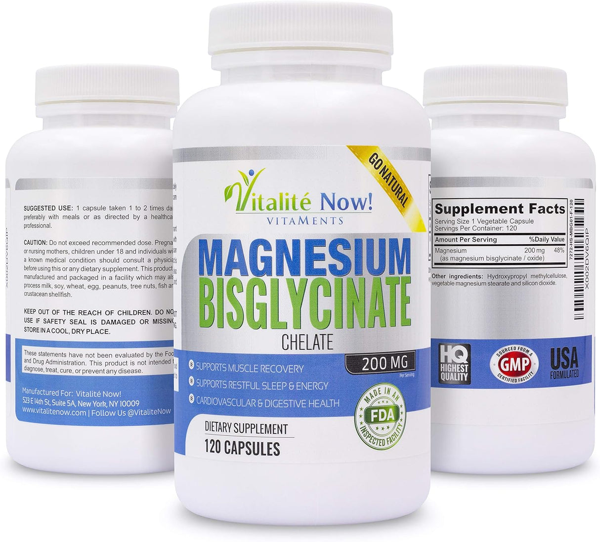Magnesium Bisglycinato 200mg Chelado, Sin Laxantes, GMO