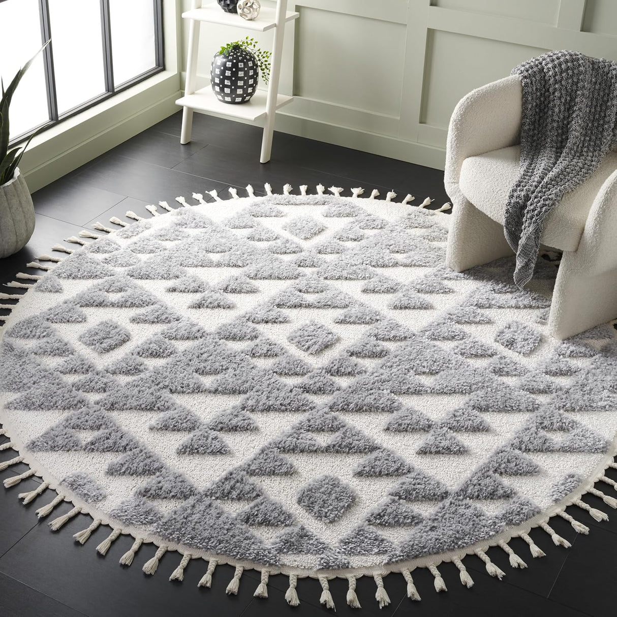 Alfombra redonda de flecos estilo marroquí, modelo MTS688G-7R