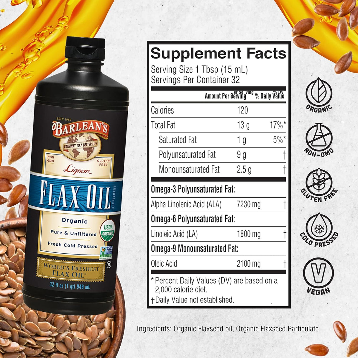 Suplemento de Aceite de Linaza Barlean's, 32 oz, Omega-3 ALA