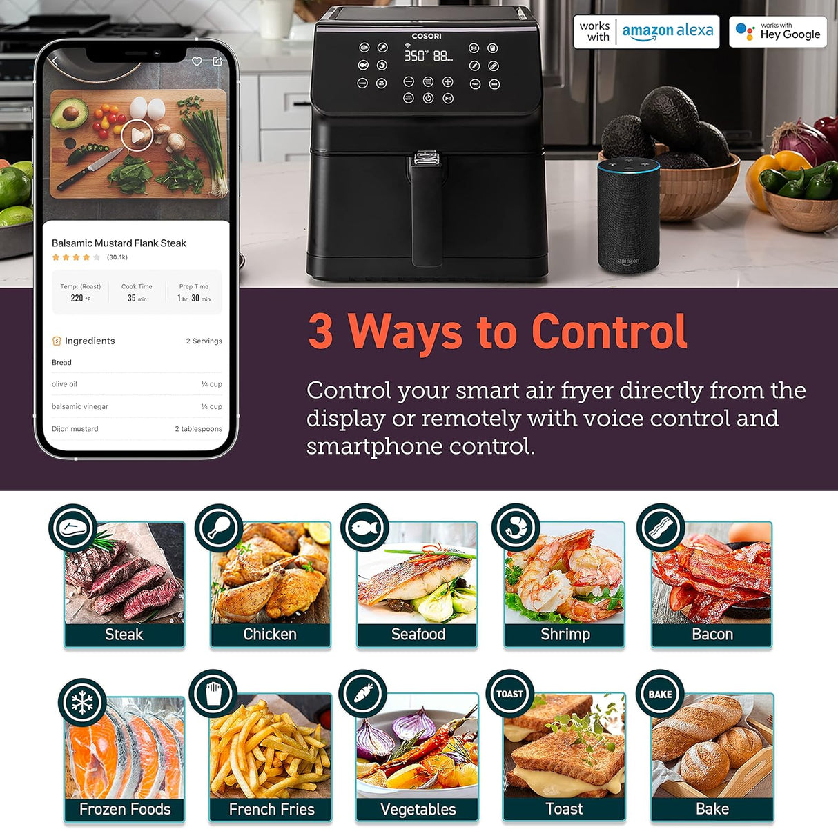 Freidora de aire COSORI Pro Smart 5.8QT, 12 funciones personalizables