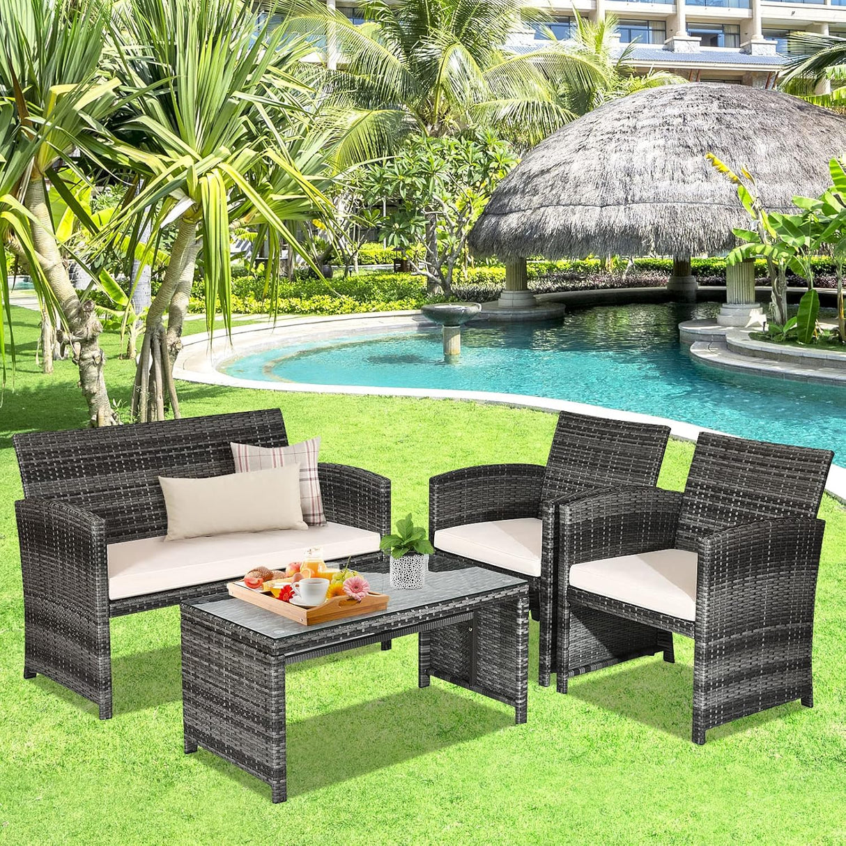 Goplus Juego de muebles de ratán de 4 piezas, sofá de conversación de mimbre para exteriores con cojines resistentes a la intemperie y mesa de vidrio templado para césped, patio, piscina, jardín (beige)