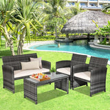 Goplus Juego de muebles de ratán de 4 piezas, sofá de conversación de mimbre para exteriores con cojines resistentes a la intemperie y mesa de vidrio templado para césped, patio, piscina, jardín (beige)